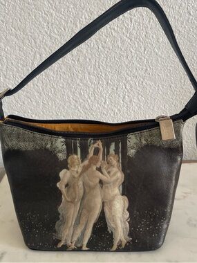 Black Leather Shoulder Bag with Classical Art Panel